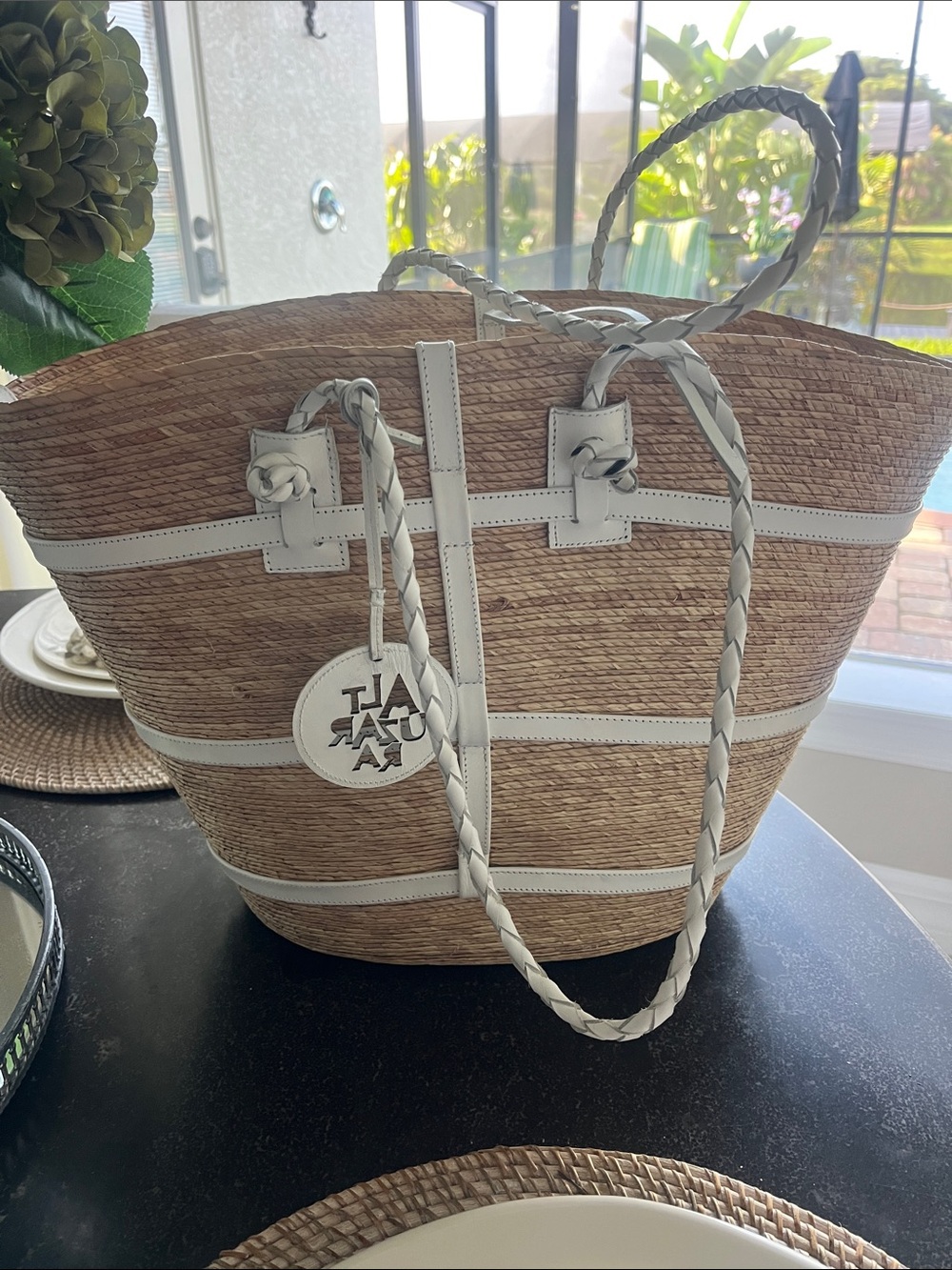 EUC Altuzarra Watermill large raffia tote with white leather braided straps